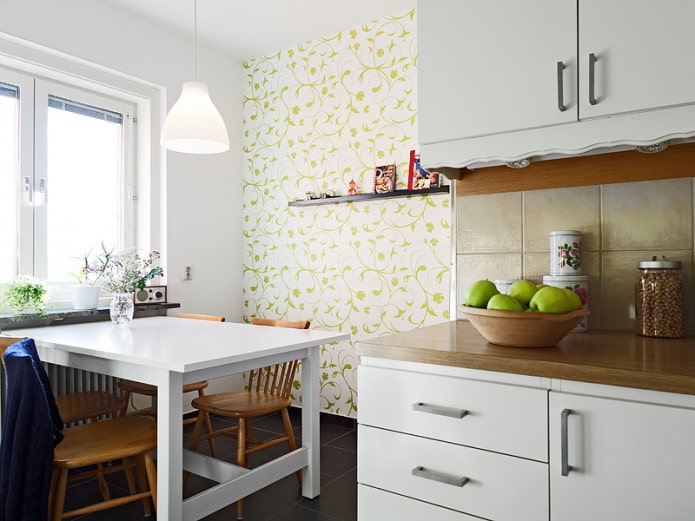 White and green wallpaper with floral ornament in kitchen design