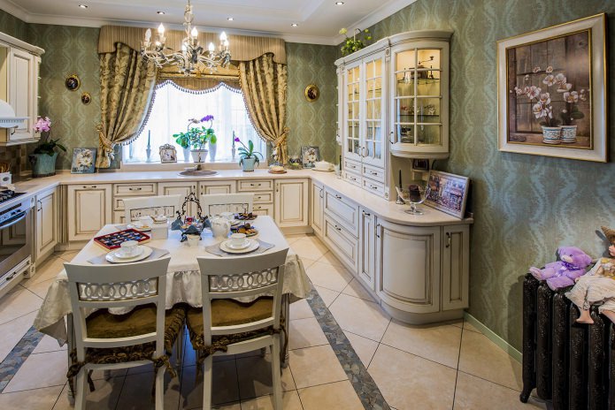 green wallpaper in the kitchen in the classic style