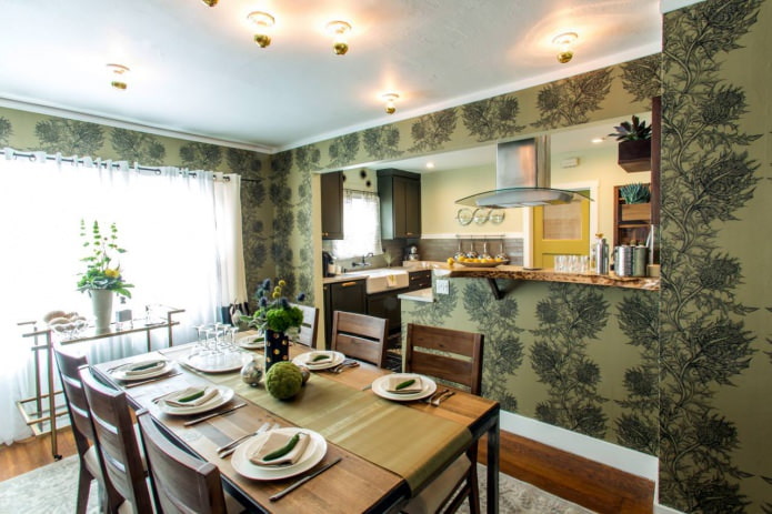 green wallpaper in kitchen design