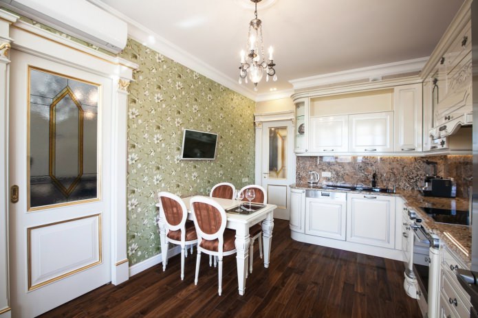 Green wallpaper in the kitchen in a classic style