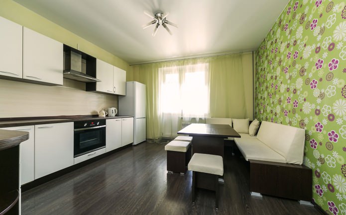 green wallpaper in the kitchen interior