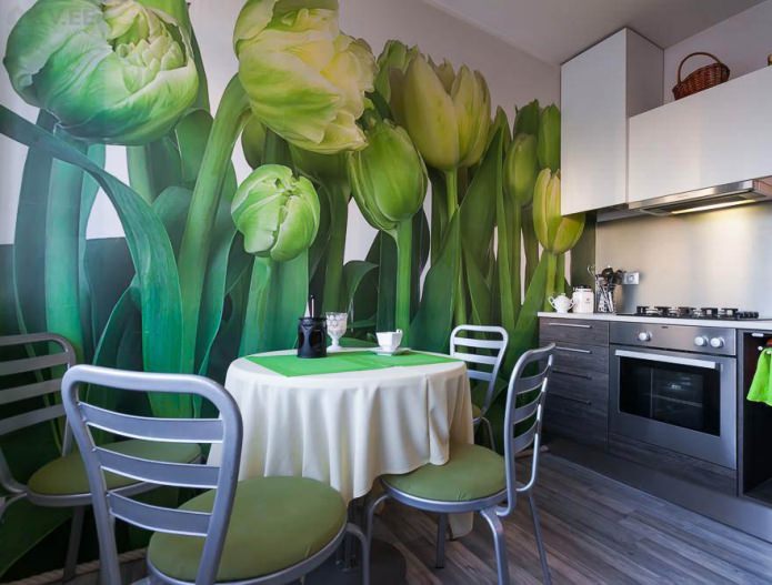 Green photo wallpaper with tulips in the kitchen design