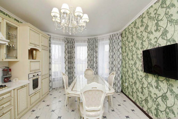 Green wallpaper in the kitchen in a classic style