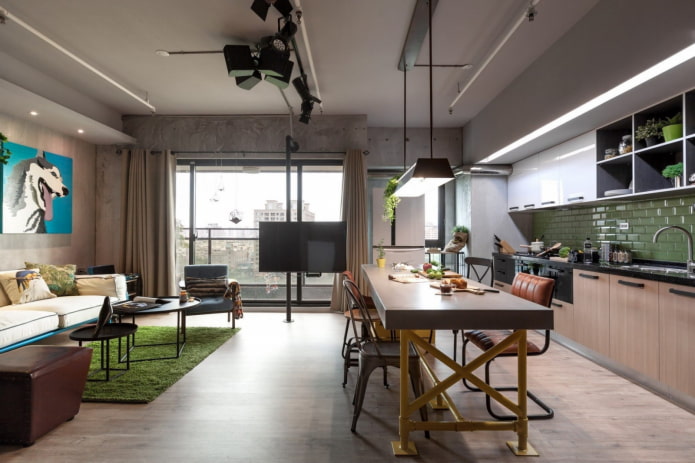 kitchen-dining-living room in a loft style
