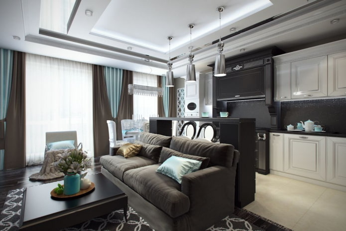 kitchen-dining room-living room in art deco style