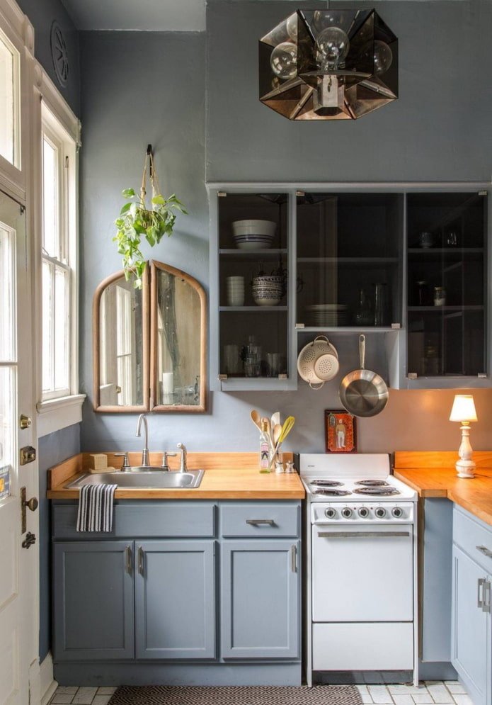 small gray-blue kitchen