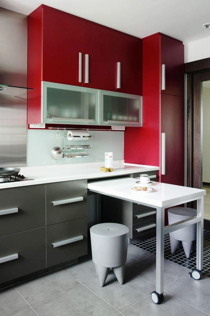 small gray-white-red kitchen