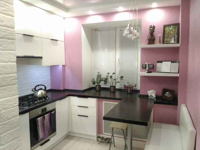 white and lilac kitchen with dark countertops
