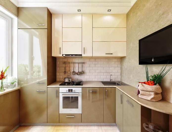 glossy kitchen in beige tones