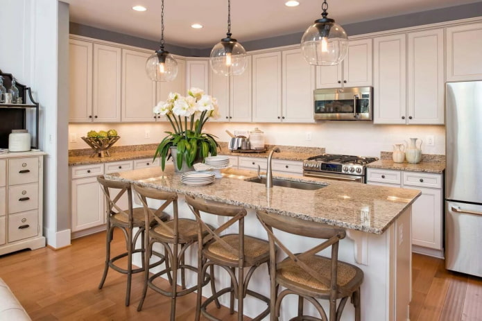 antique chandeliers in a classic kitchen