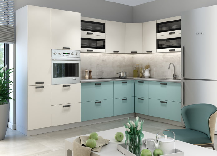white and turquoise kitchen set