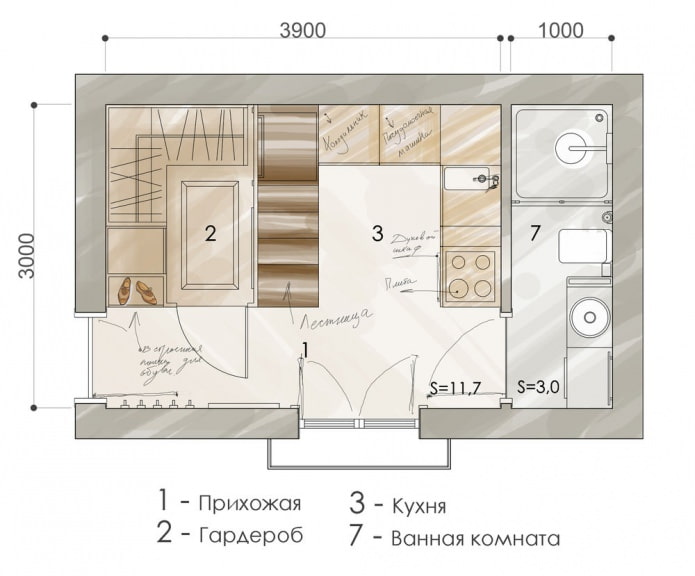Apartment layout of 15 sq. m.