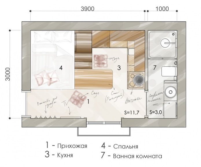 Apartment layout of 15 sq. m.