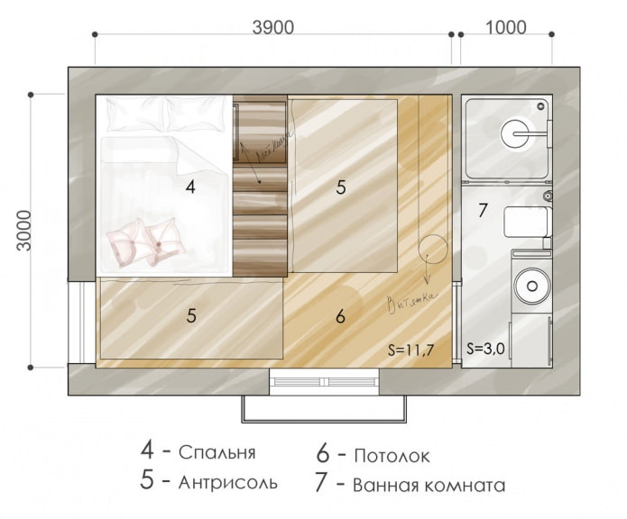 Apartment layout of 15 sq. m.