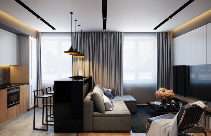 kitchen-living room design in an apartment of 35 square meters