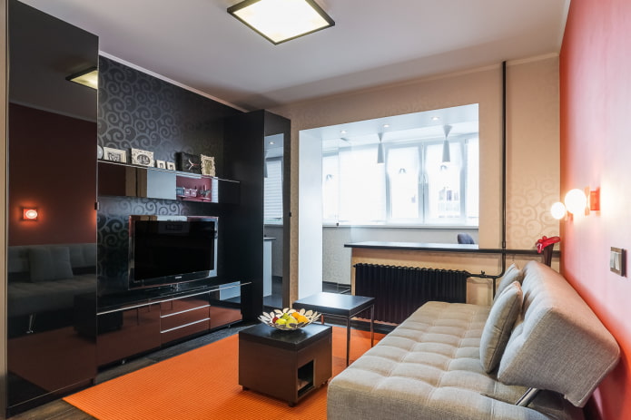 living room design in the interior of an apartment of 35 square meters