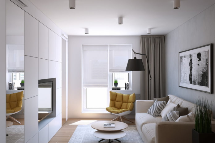 living room design in the interior of an apartment of 35 square meters