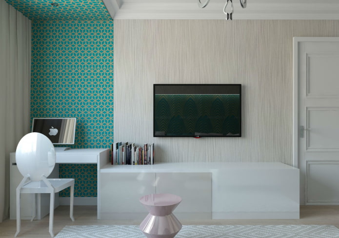 workplace in the interior of a studio apartment of 35 square meters