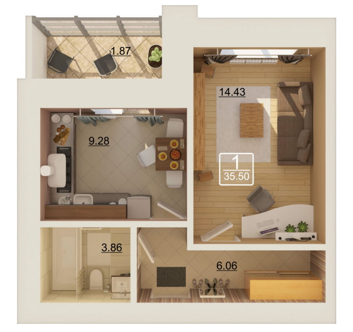 interior of a one-room apartment of 35 square meters