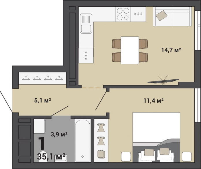 Layout of an apartment of 35 sq. m.