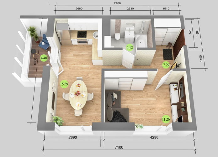 38 sq m apartment diagram with footage