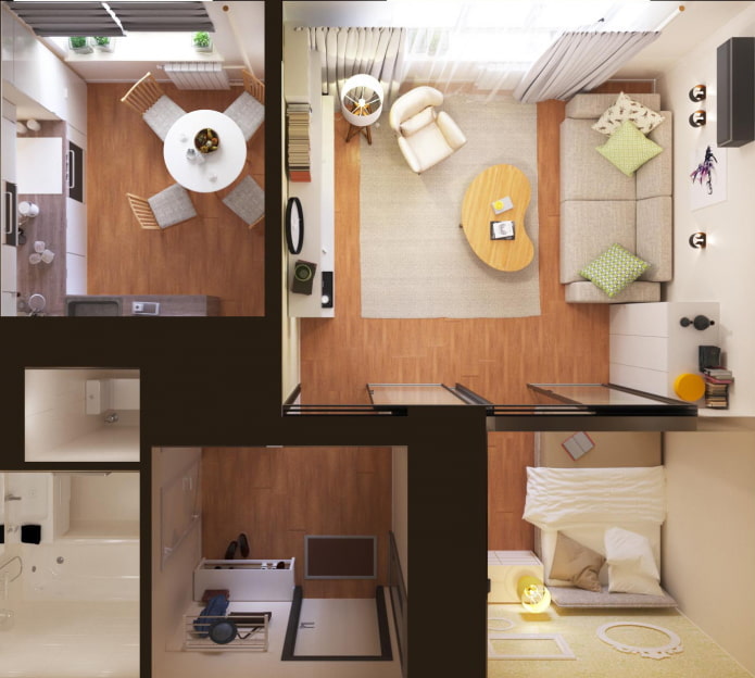 One-room apartment with a partitioned-off bed