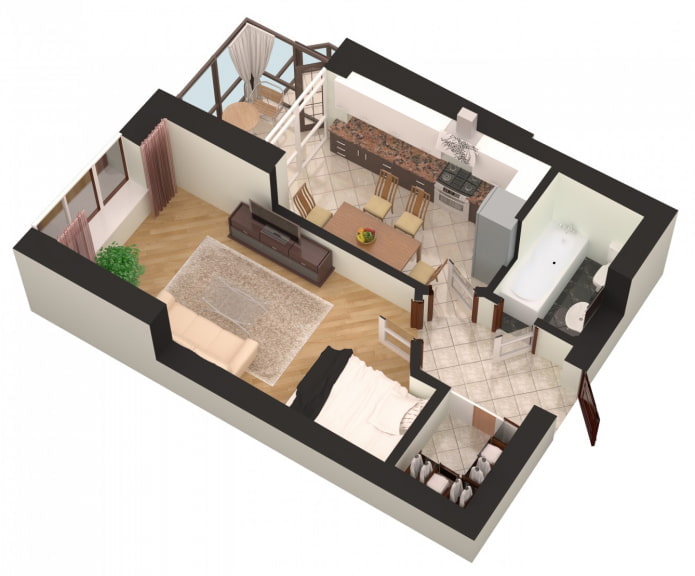 One-room apartment with a bedroom-living room and a balcony
