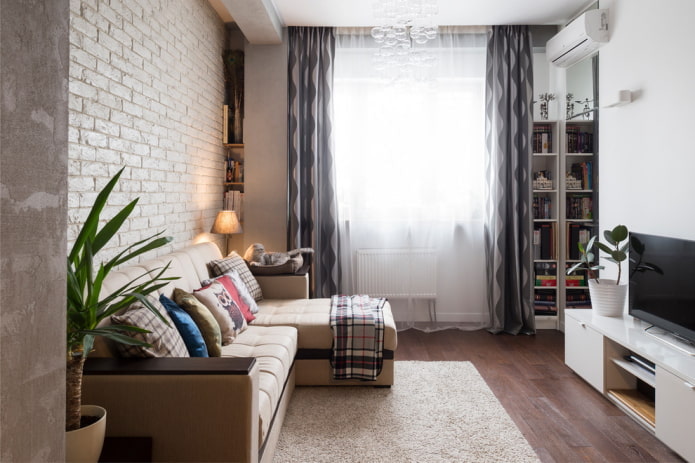 living room design in the interior of an apartment of 45 square meters