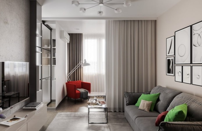 interior of a one-room apartment of 45 square meters