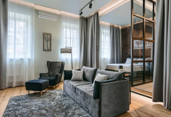 interior of a one-room apartment of 45 squares