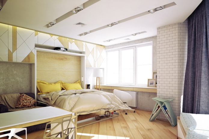 interior of a one-room apartment of 50 square meters