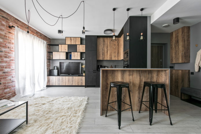 interior of an apartment of 50 square meters in a loft style