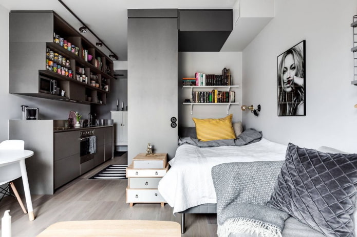 sleeping area design in the interior of a studio apartment