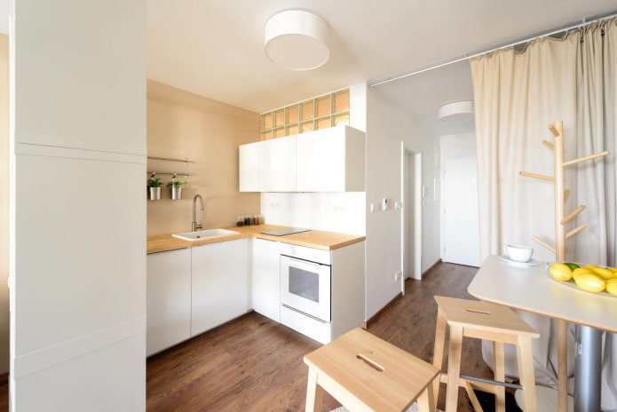 design of the kitchen area in a studio apartment