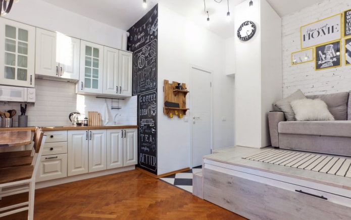 design of the kitchen area in a studio apartment