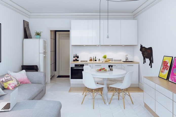 design of the kitchen area in a studio apartment
