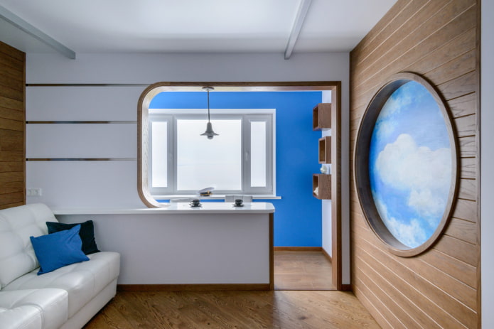 interior of a studio apartment with a balcony