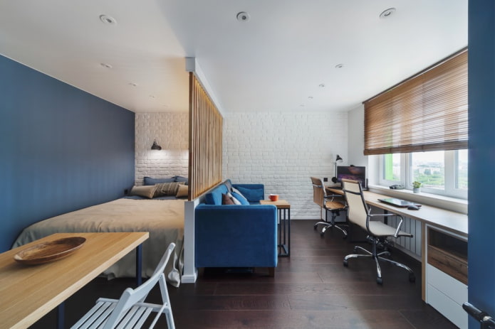 design of the sleeping area in the interior of a studio apartment