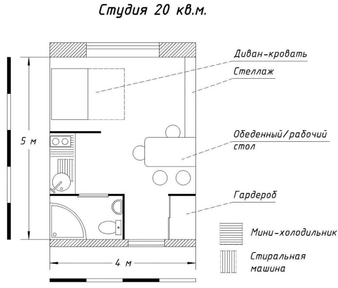 Studio layouts of 20 sq. m.