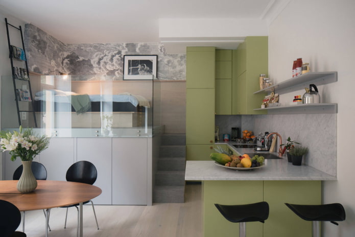 Podium bed with a glass partition