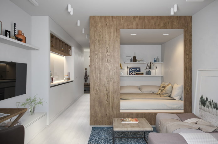 sleeping area in the interior of a studio apartment