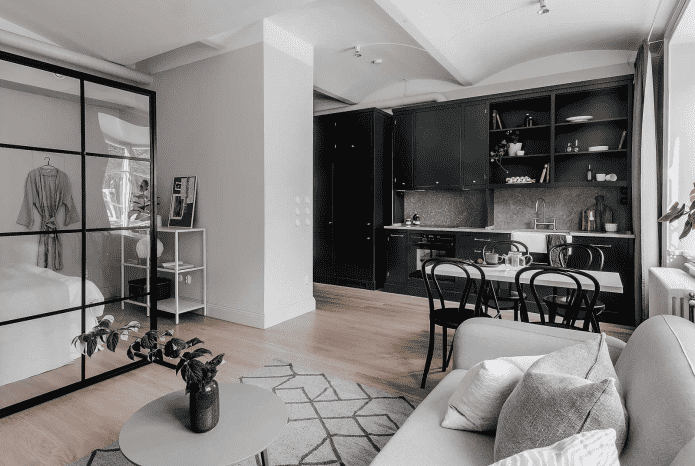 interior of a studio apartment in a Scandinavian style