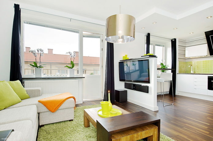 studio apartment interior with two windows