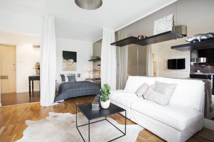 textiles in the interior of a studio apartment