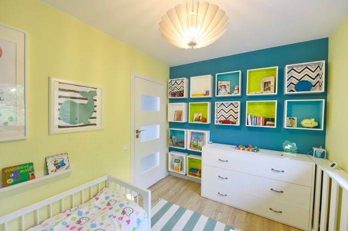 original small shelves along the entire wall in the nursery