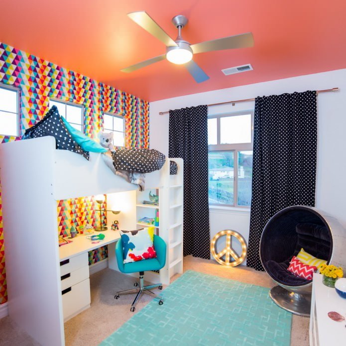 design of a children's room with a bed on the second floor and a table on the first