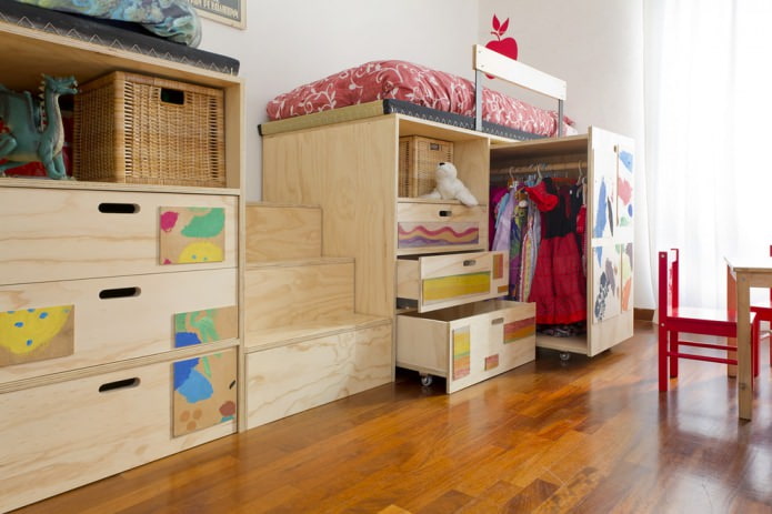 bed with pull-out shelves and cabinets