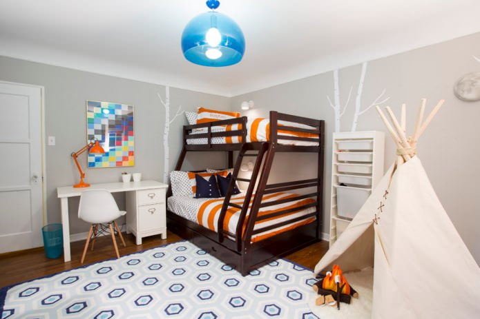 small room for two children with a bunk bed bed