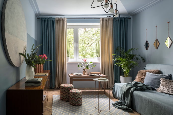decor and textiles in the interior of a small living room