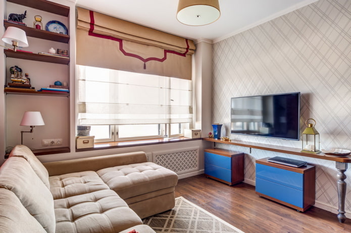 decor and textiles in the interior of a small living room